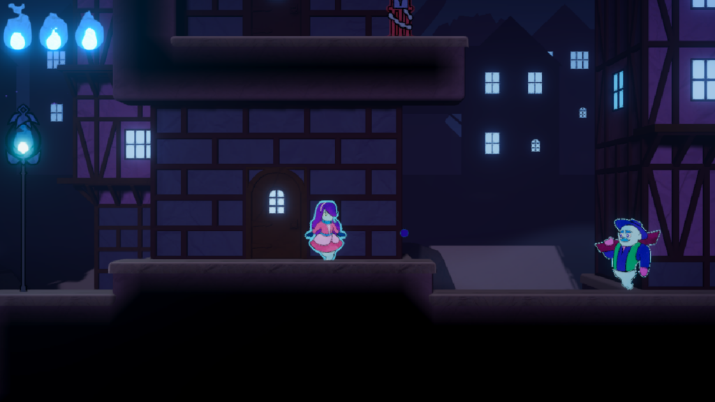 A chibi ghost girl standing in a 2.5D town with medieval-ish architecture and bright lights in the doors and windows. Links to the project page for Not Quite Immortal.